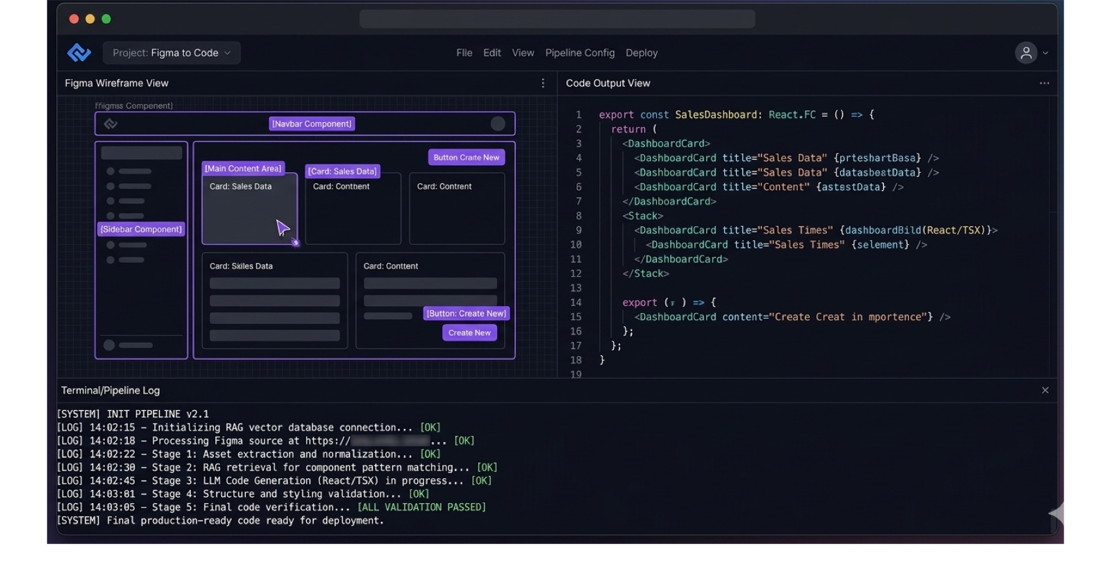 Narzędzie Figma-to-Code: podgląd wireframe’u z Figmy po lewej, wygenerowany React/TSX po prawej i log pipeline’u przechodzący każdy etap aż do finalnej walidacji.